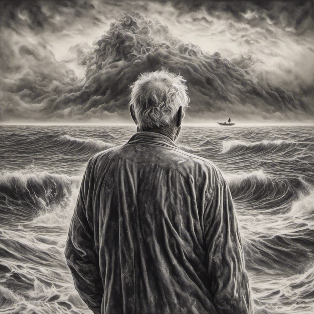 Charcoal Drawing of Old Man and Wife on Horizon