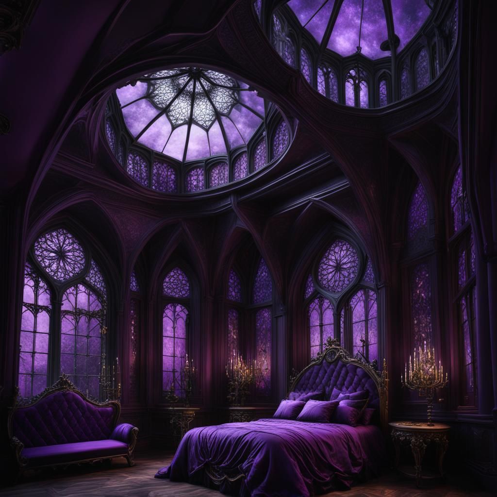 Beautiful gothic bedroom with gothic skylight Windows and pu...
