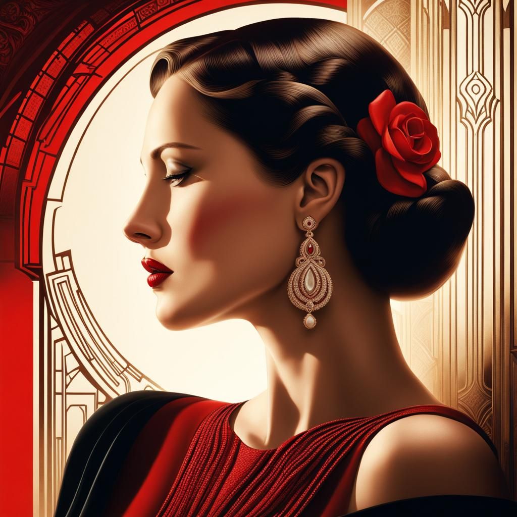 Art Deco Portrait of a Woman with Red Lips
