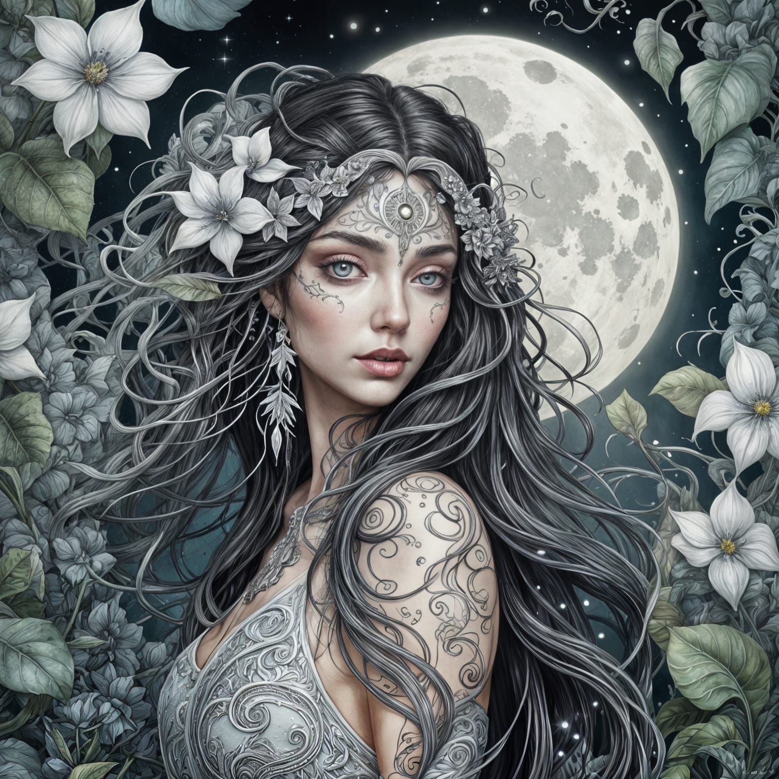 Silver Moon Goddess Zentangle in Alcohol Ink Style