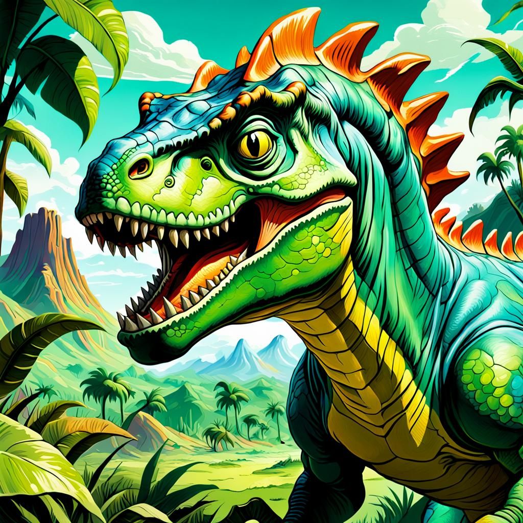 <lora:Baroque Style:1.0> a high detailed illustration of a dinosaurus, in clean oil ink airbrush style, cartoonized styl...