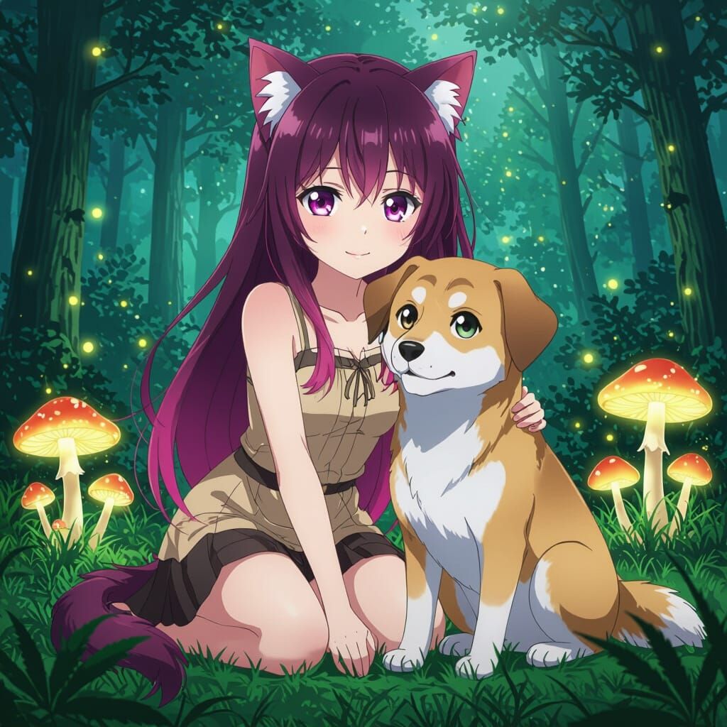 Anime Cat Girl with Dog in Glowing Forest