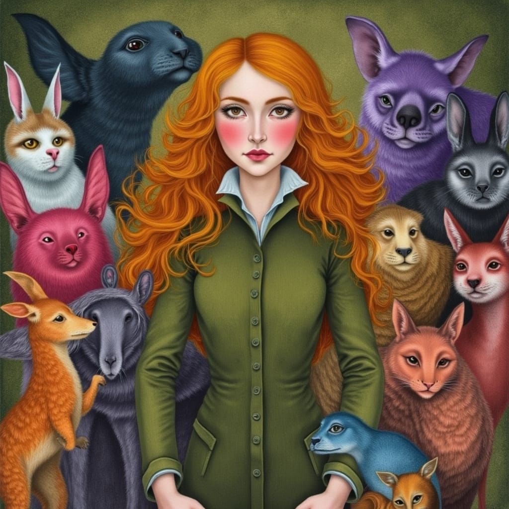 Whimsical Woman Surrounded by Fantastical Creatures in Vibra...