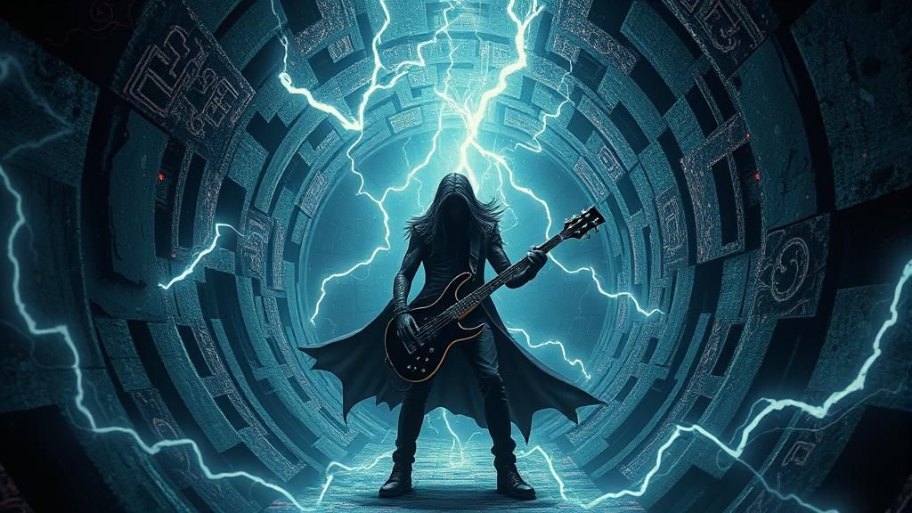Gothic Rocker in Escher Labyrinth During Mystical Storm