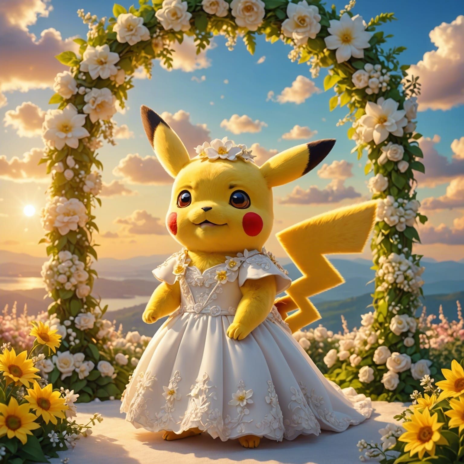 Pikachu in Wedding Dress with Sunset