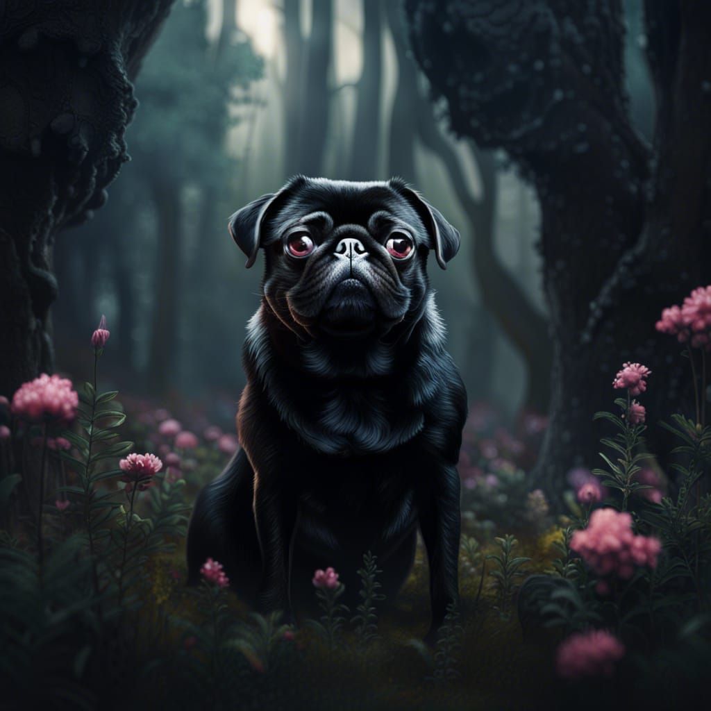Black Pug Smelling Flowers in Forest Painting