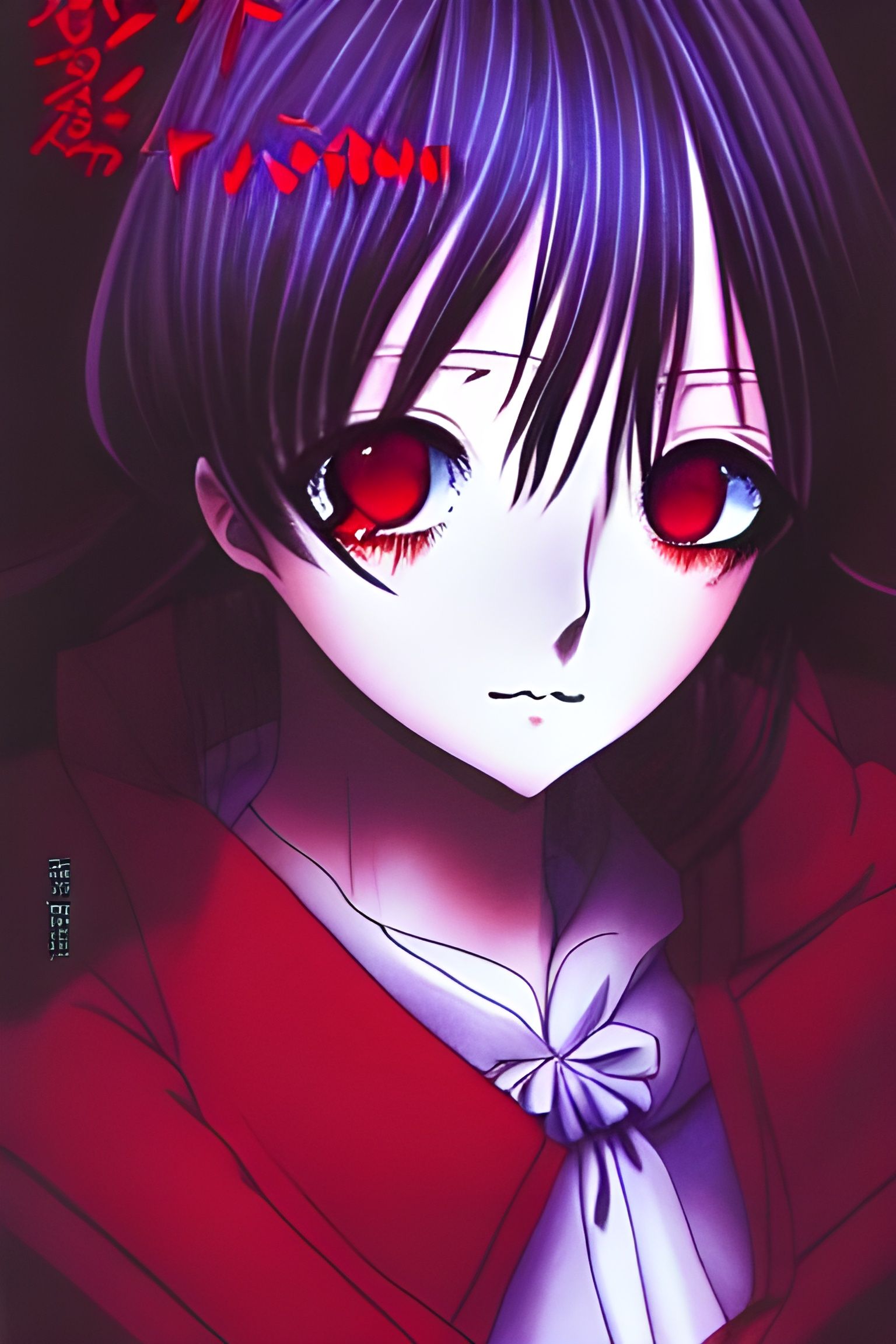 A very detailed portrait of a beautiful anime girl with blood red eyes in a haunted forest at night by Matsuri Hino::1.0...