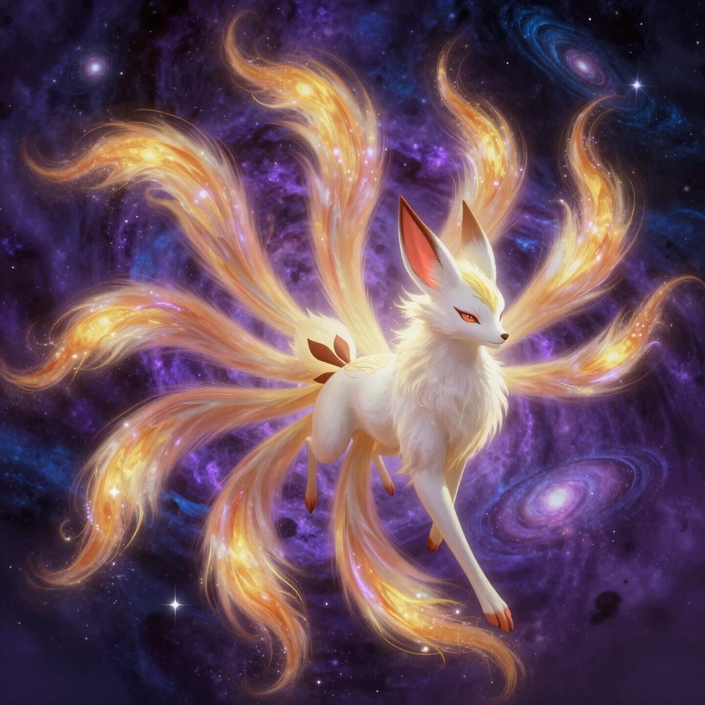 Cosmic Kitsune Dancing in Nebula, Fantasy Sci-Fi Art