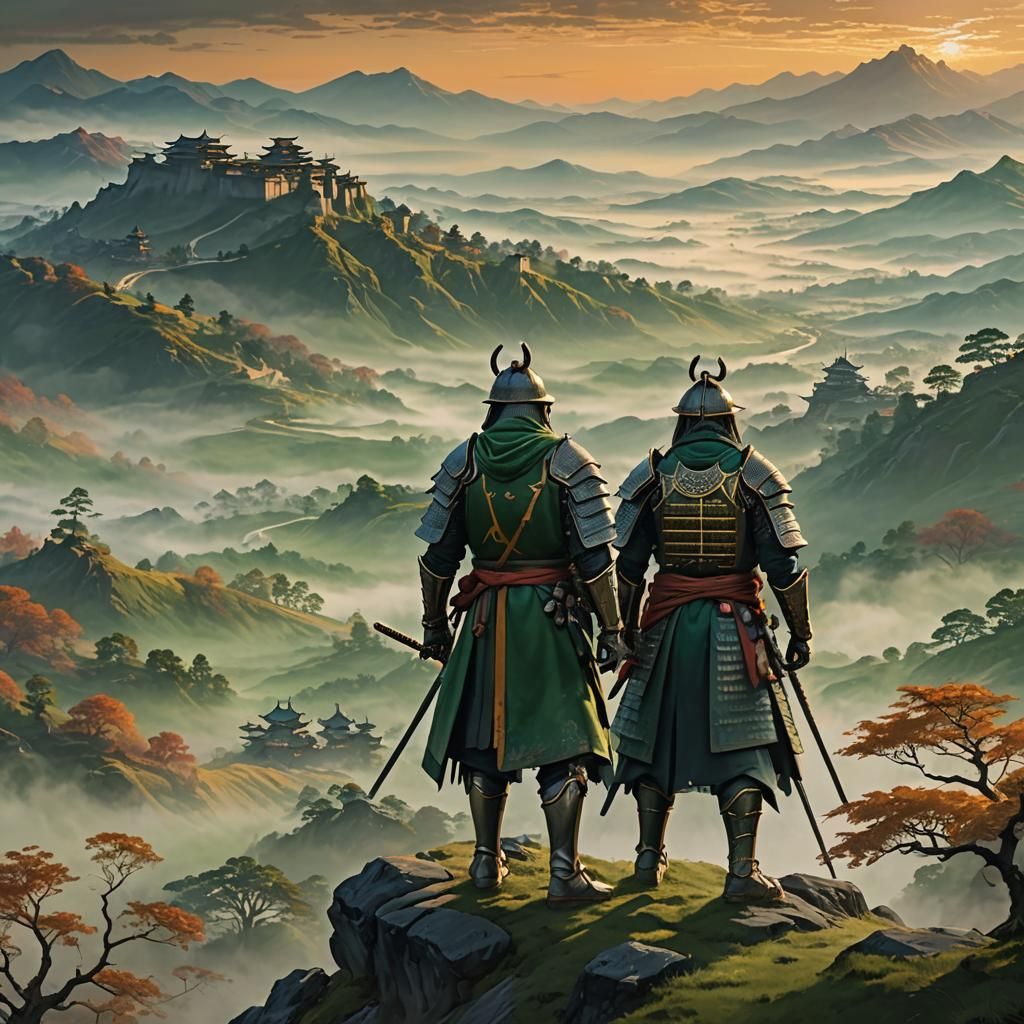 Knight and Samurai Survey Misty Landscape