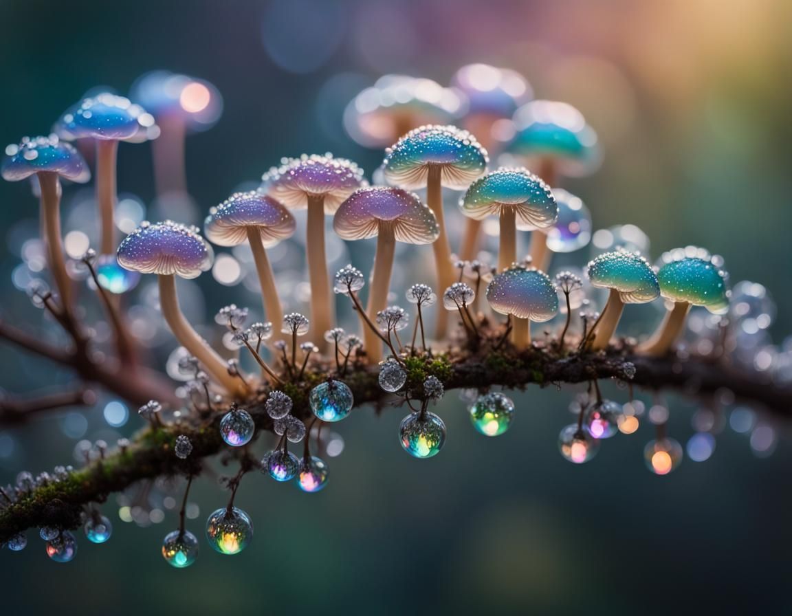 Iridescent Dew-Covered Miniature Trees with Rainbow Light