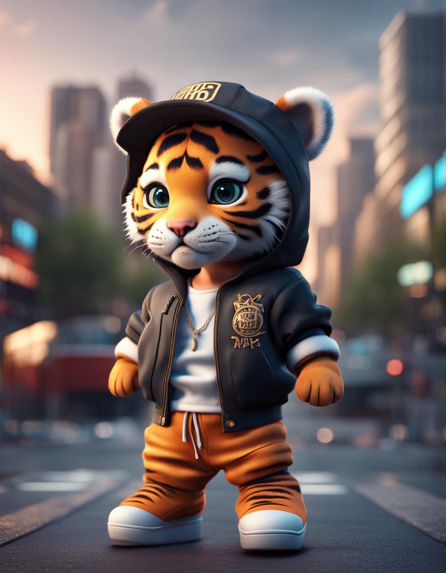 Hyperrealistic Kawaii Baby Tiger in Cityscape