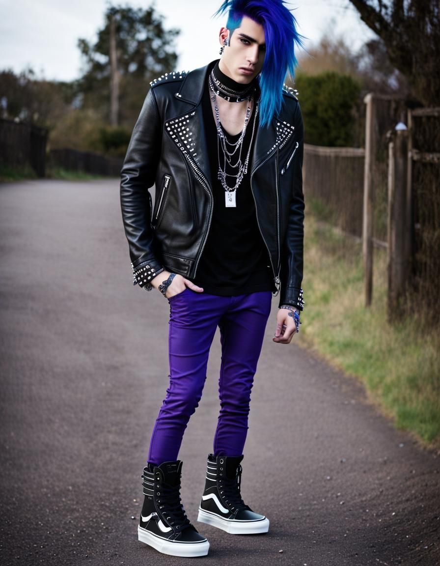Emo Model in Purple Leather with Blue Streaks