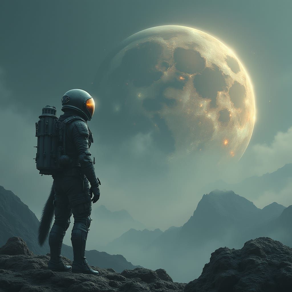 Futuristic Lone Wolf Gazing at Biomechanical Moon