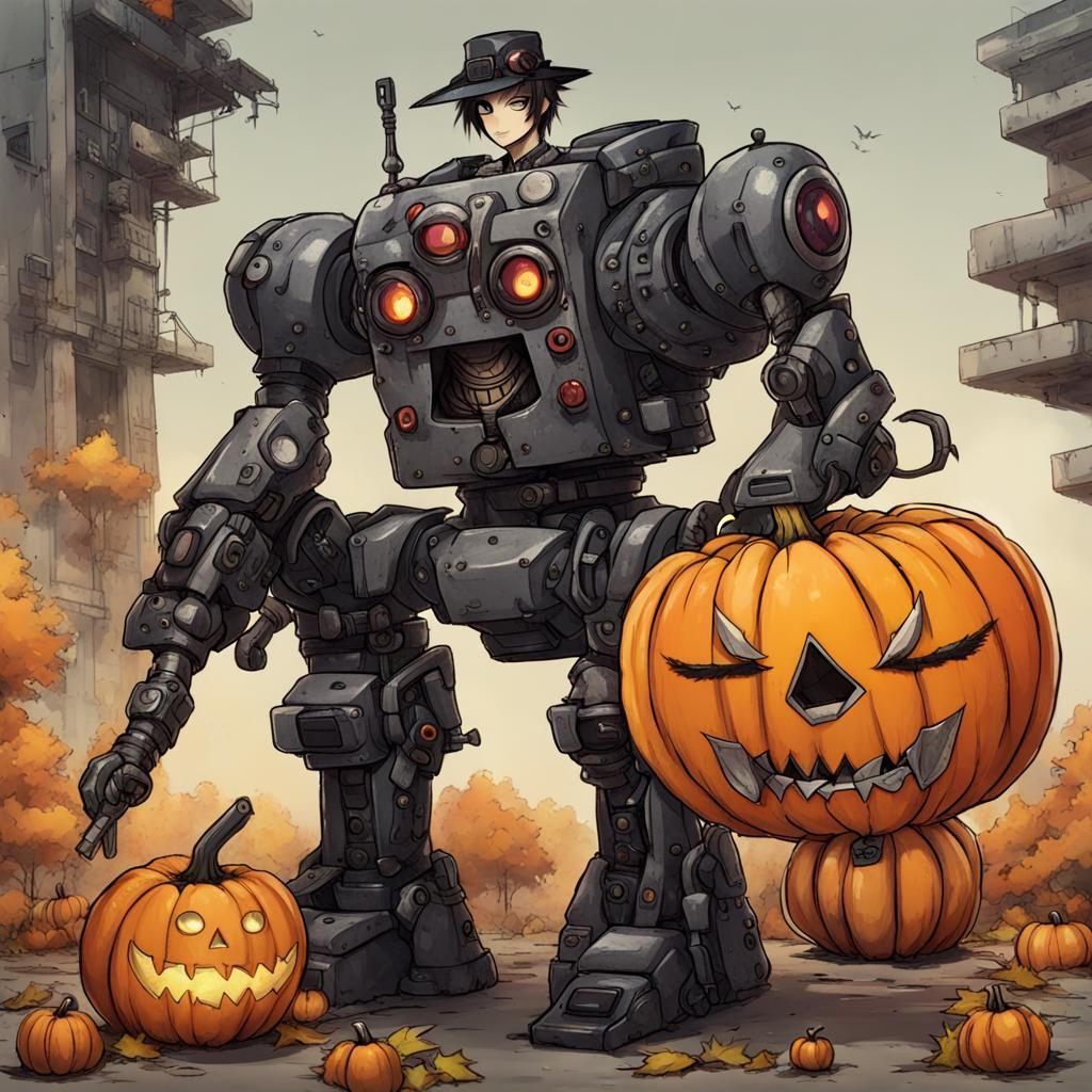 Anime Punk Goth on Mecha Pumpkin Robot
