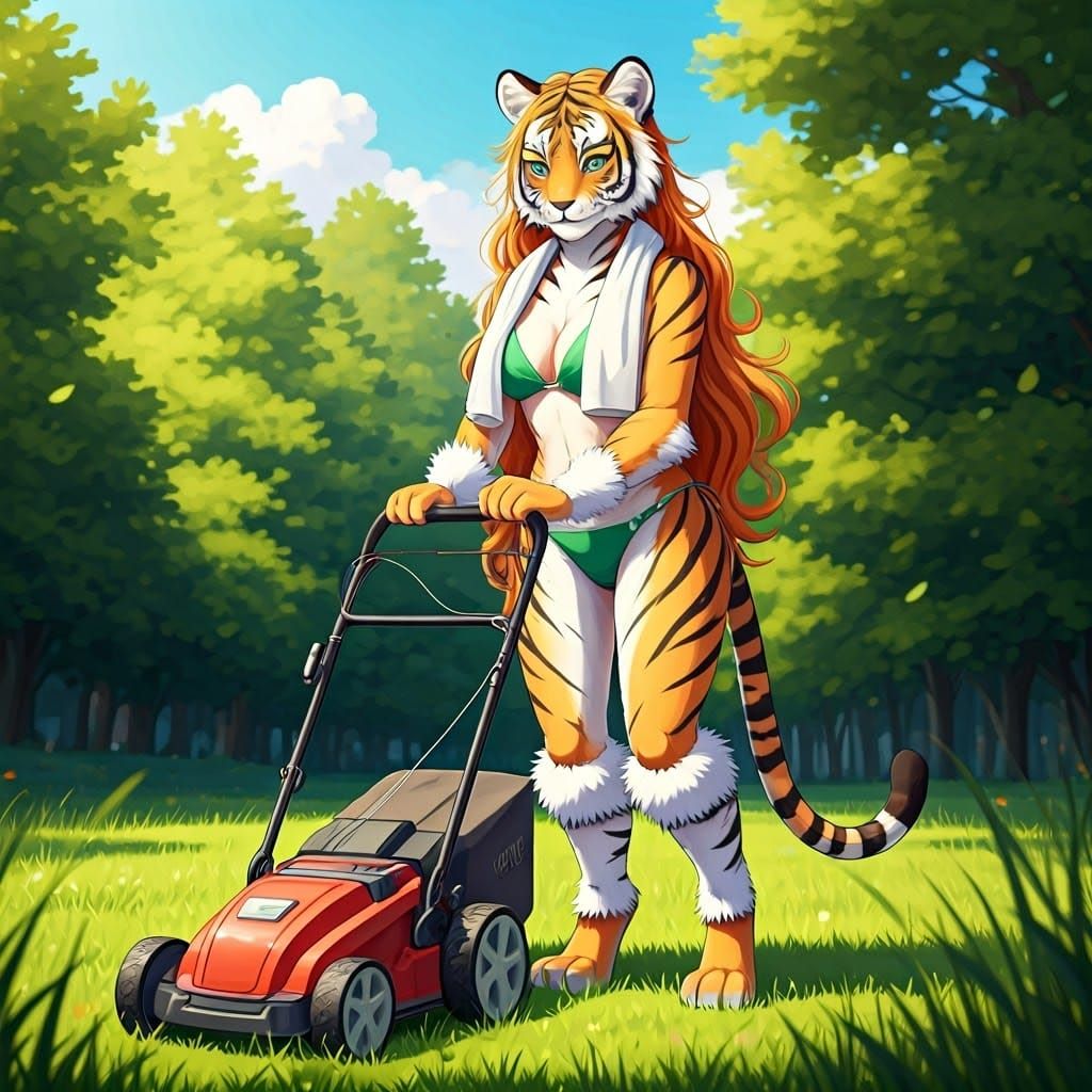 Anthropomorphic Tigress Mowing Lawn in Anime Style