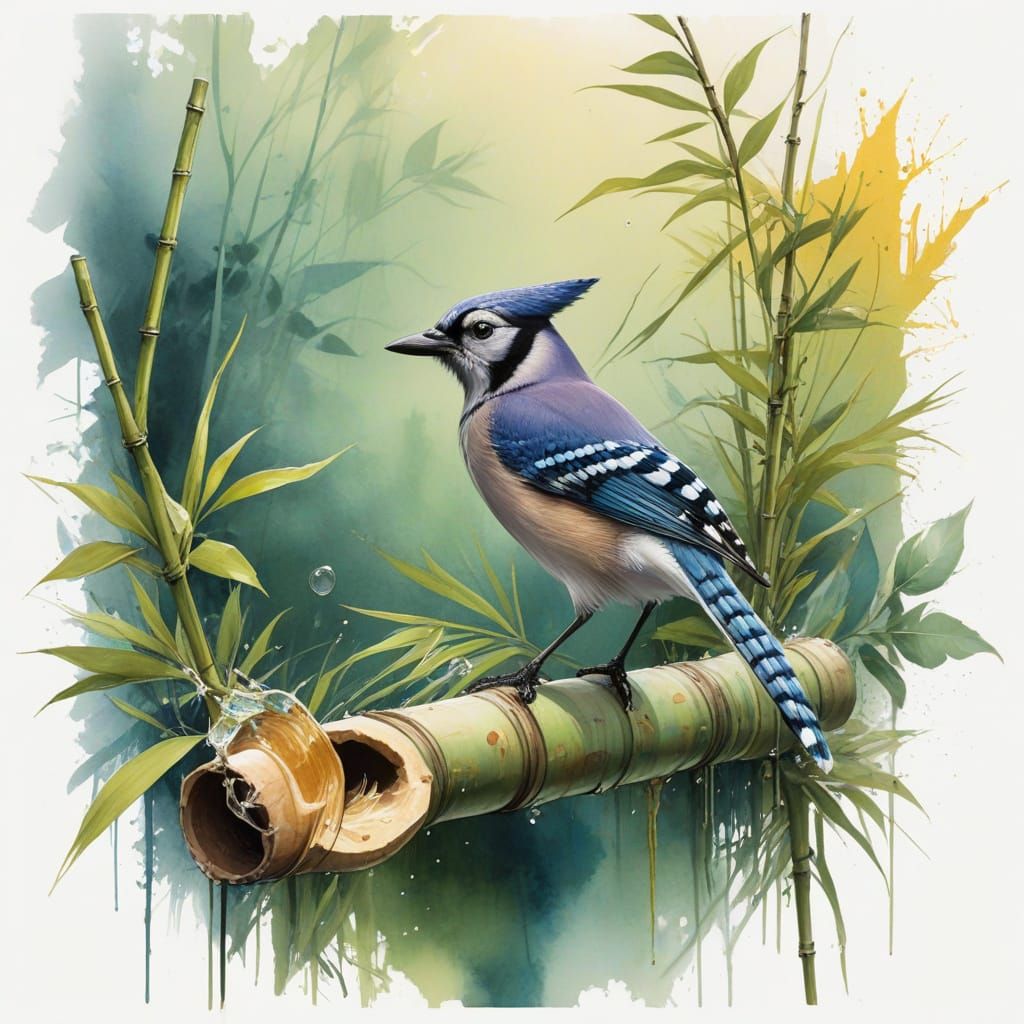 Elegant Blue Jay Perches on Bamboo Pipe in Hyper-Realistic W...
