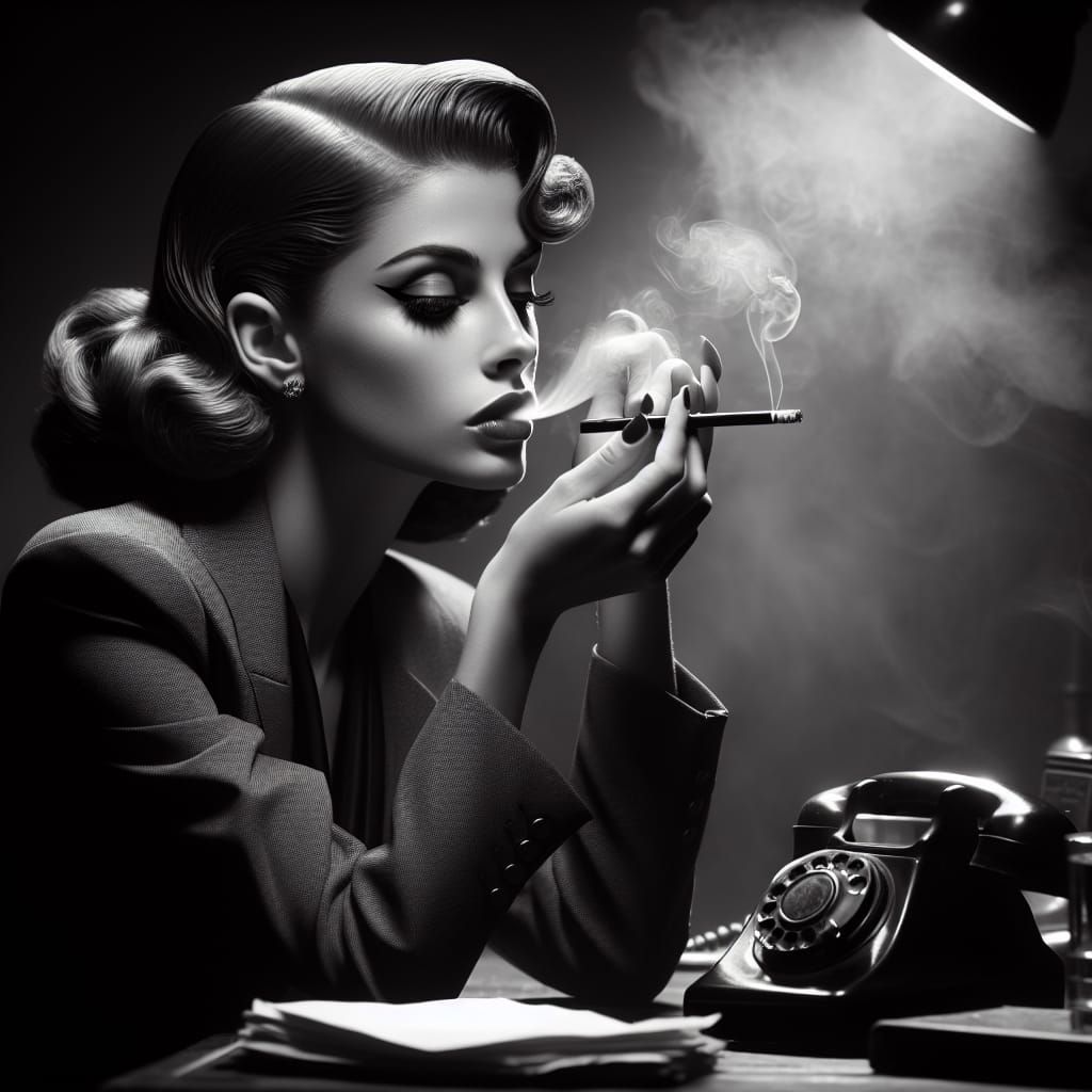 1940s Film Noir Woman Smoking Cigarette