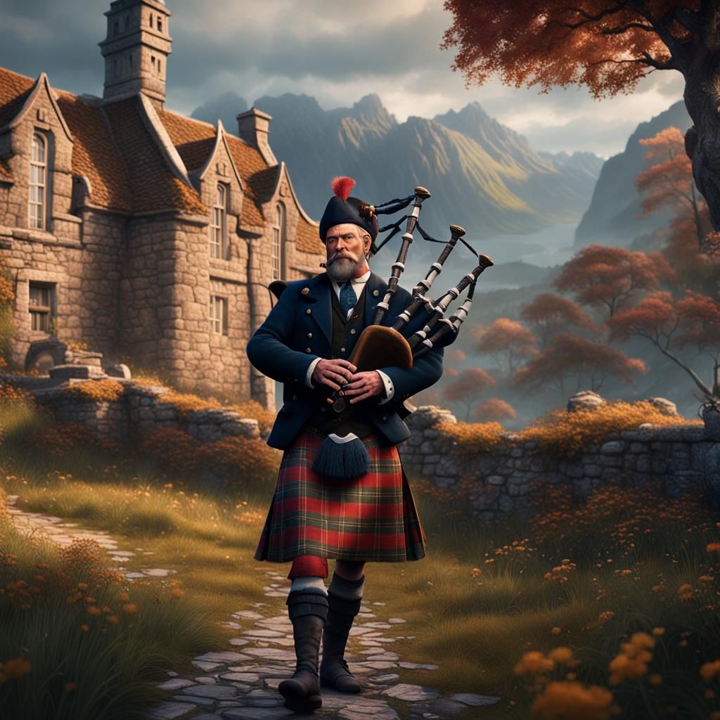 Scottish Bagpipers: Detailed Matte Painting in Deep Color