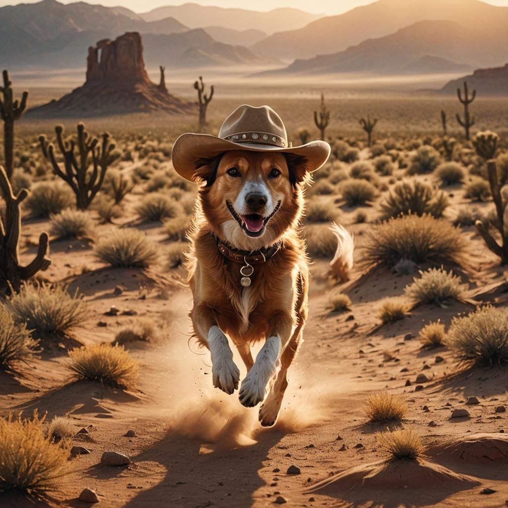 Dog in Cowboy Hat Runs Through Desert
