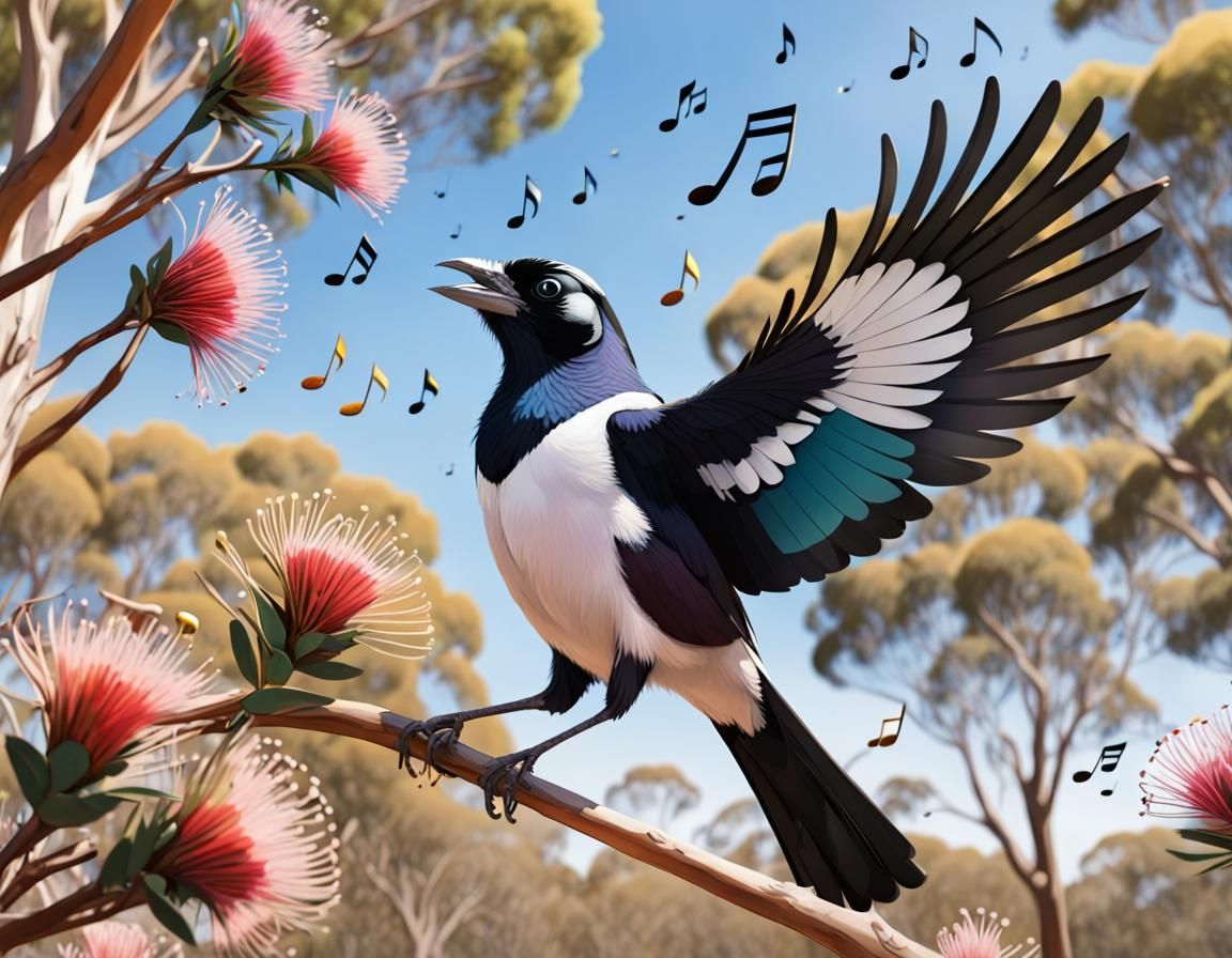 Cartoon Magpie Sings Musical Notes to Sunny Sky