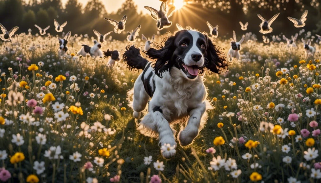 Happy Spaniel Flies Over Spring Meadow