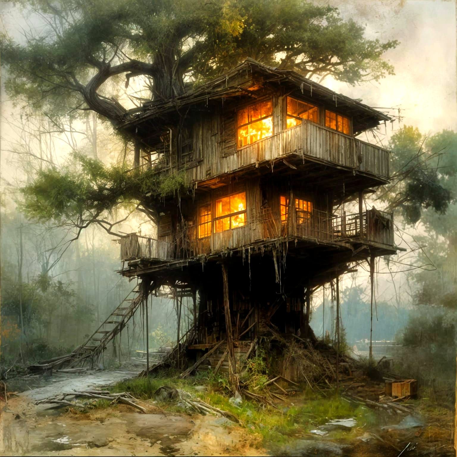 Retro-Futuristic Treehouse in Dramatic Lighting