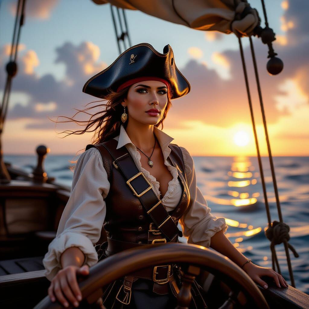 Photorealistic Pirate Woman at Sea at Sunset