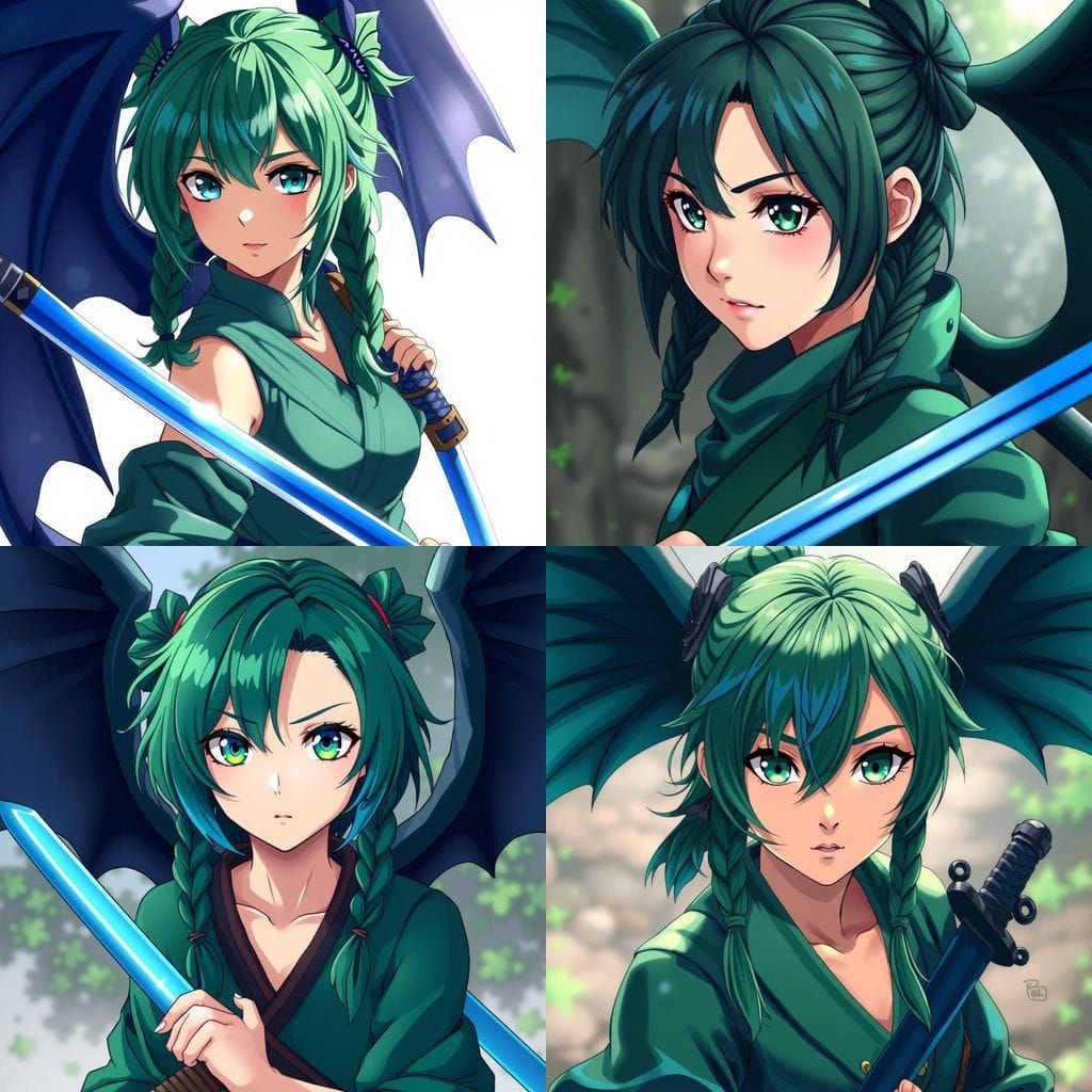 Anime Woman with Green Hair and Dragon Wings in Vibrant Ninj...