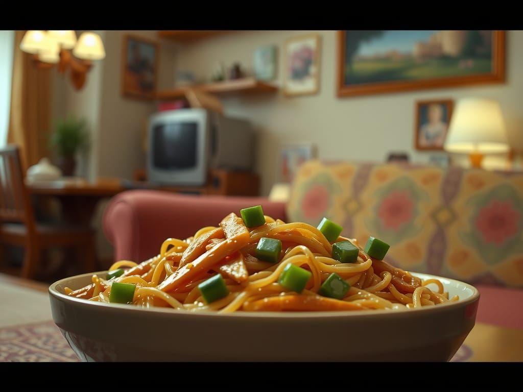 Chinese Chow Mein Takeout in 1970s Setting