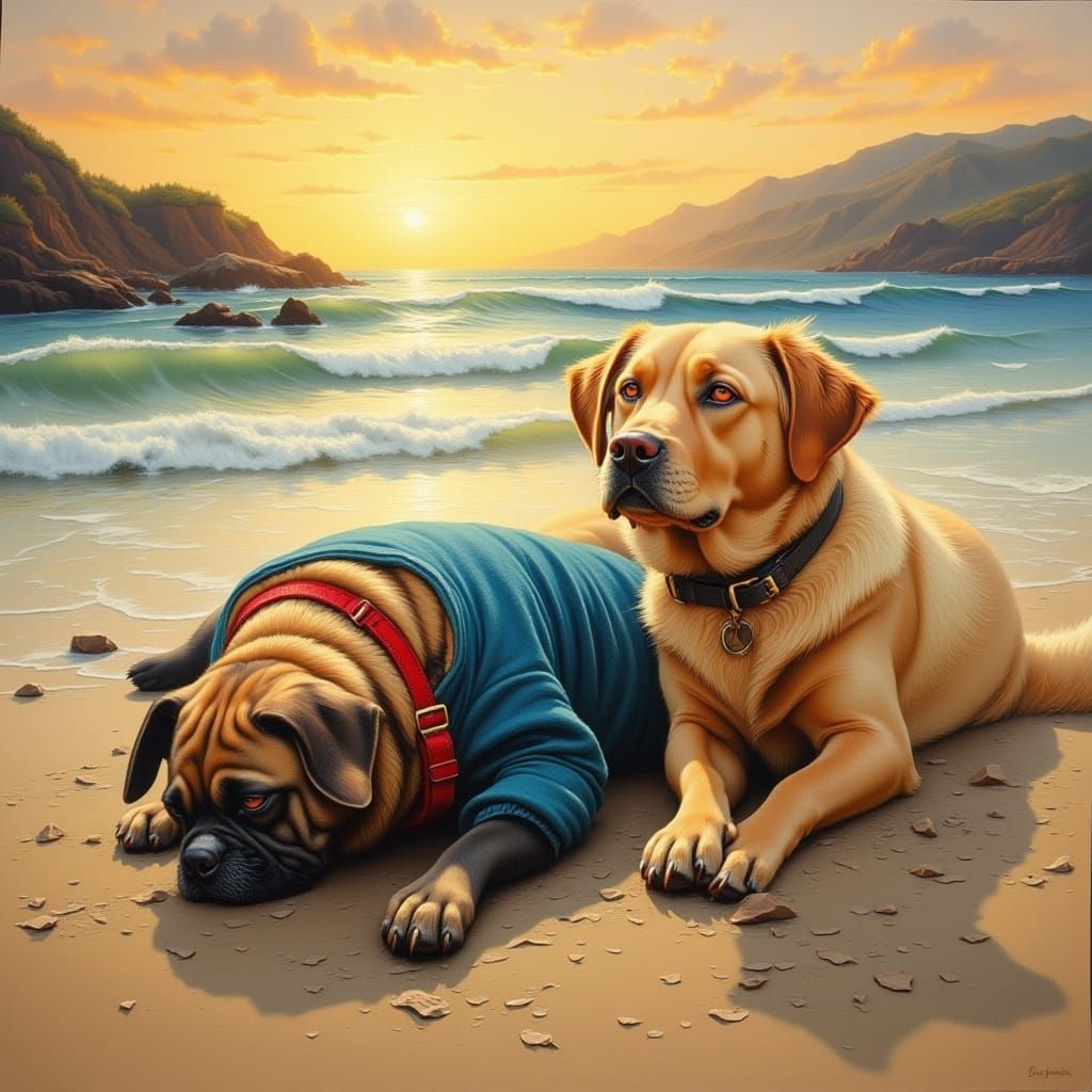 Labrador and Pug Beach Nap in Soft Realism Style