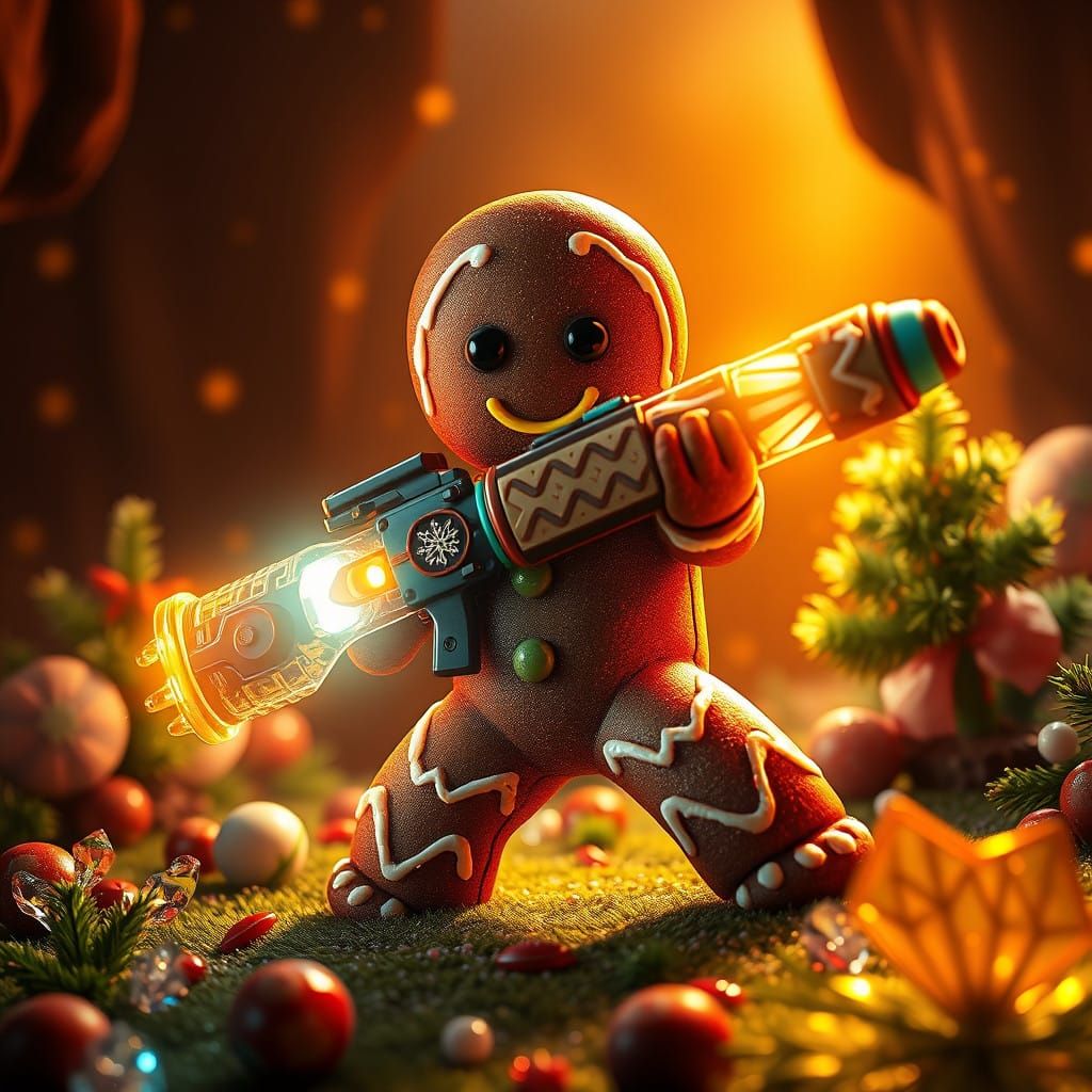 Gingerbread Man Wields Glowing Pastry Gun in Whimsical Candy...