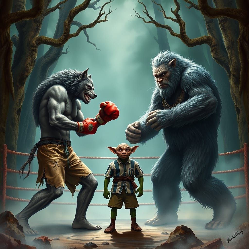 Werewolf Battles Bigfoot in a Whimsical Woodland Boxing Aren...