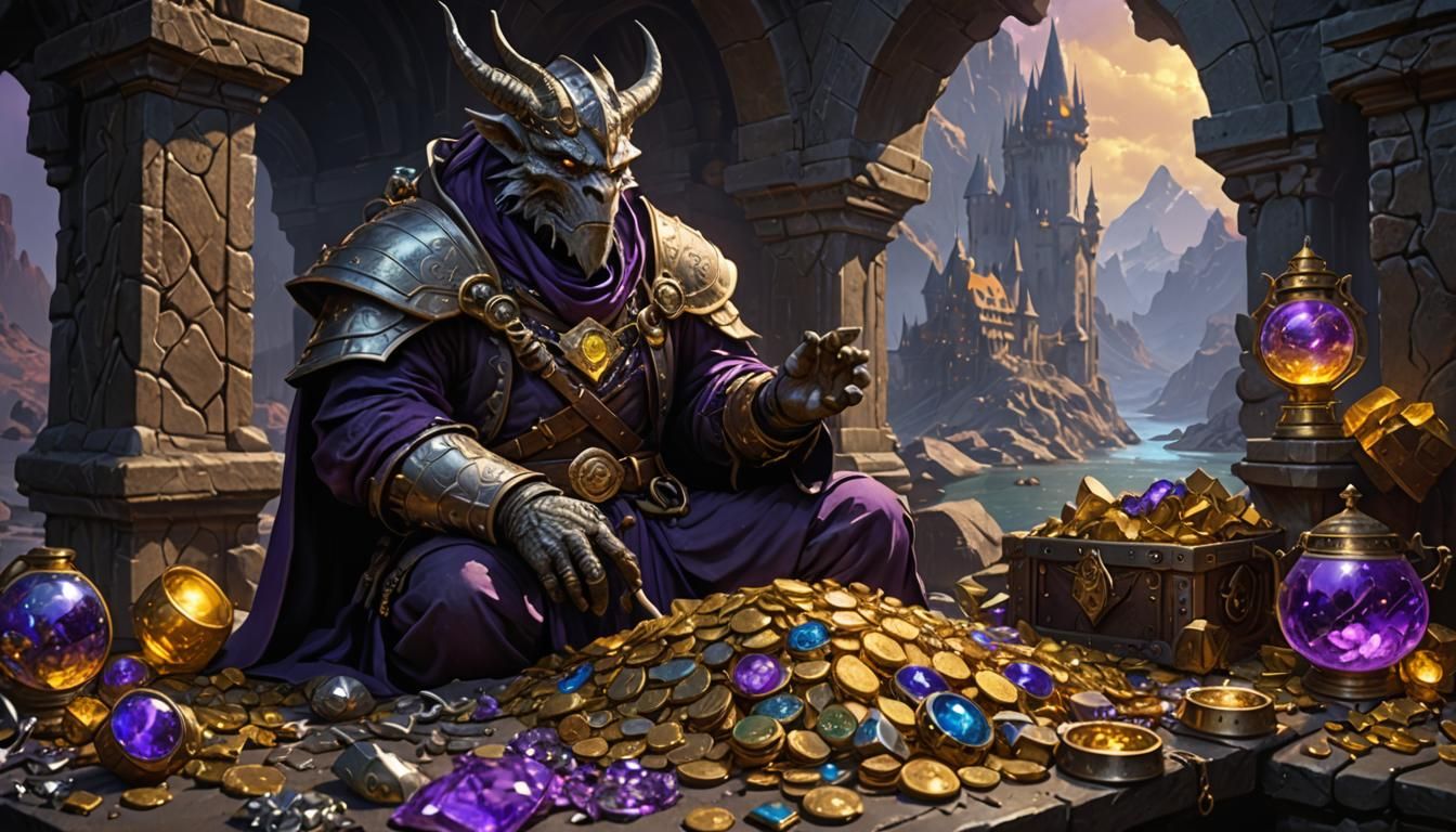 Dragonborn Wizard Surveys Treasure Hoard in Detailed Fantasy...
