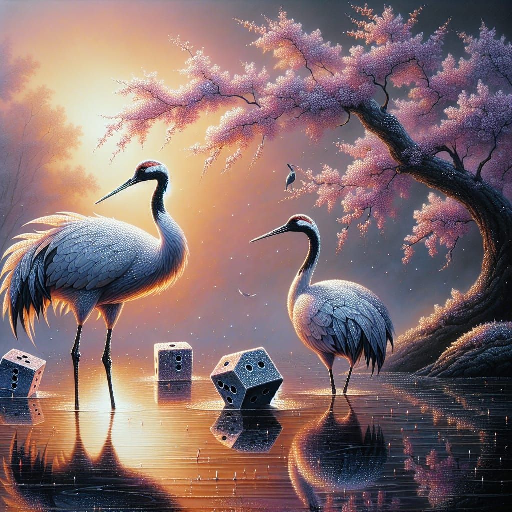 Elegant Cranes in Lake at Sunset