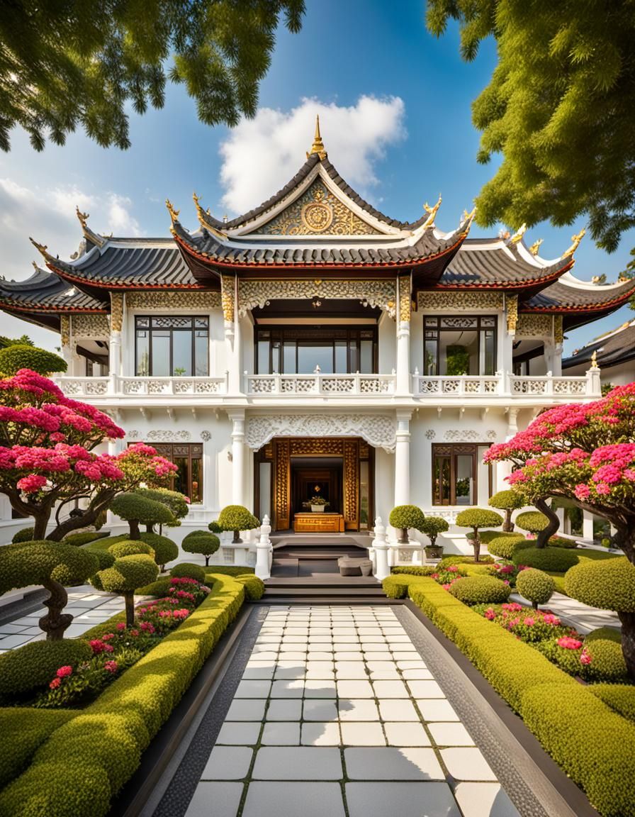 Elegant White House with Asian Architectural Elements