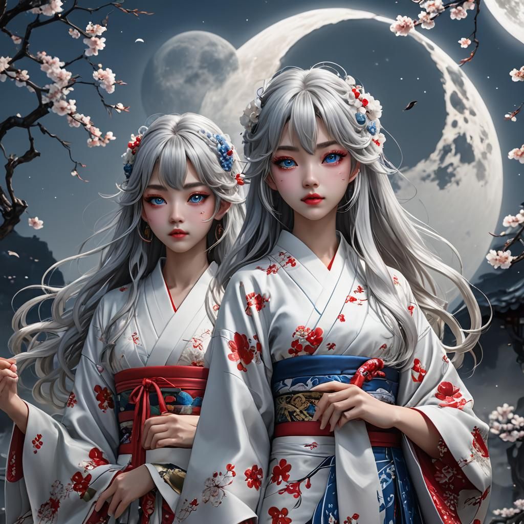 A twin girls, detailed long white wavy hair with bangs, blue...