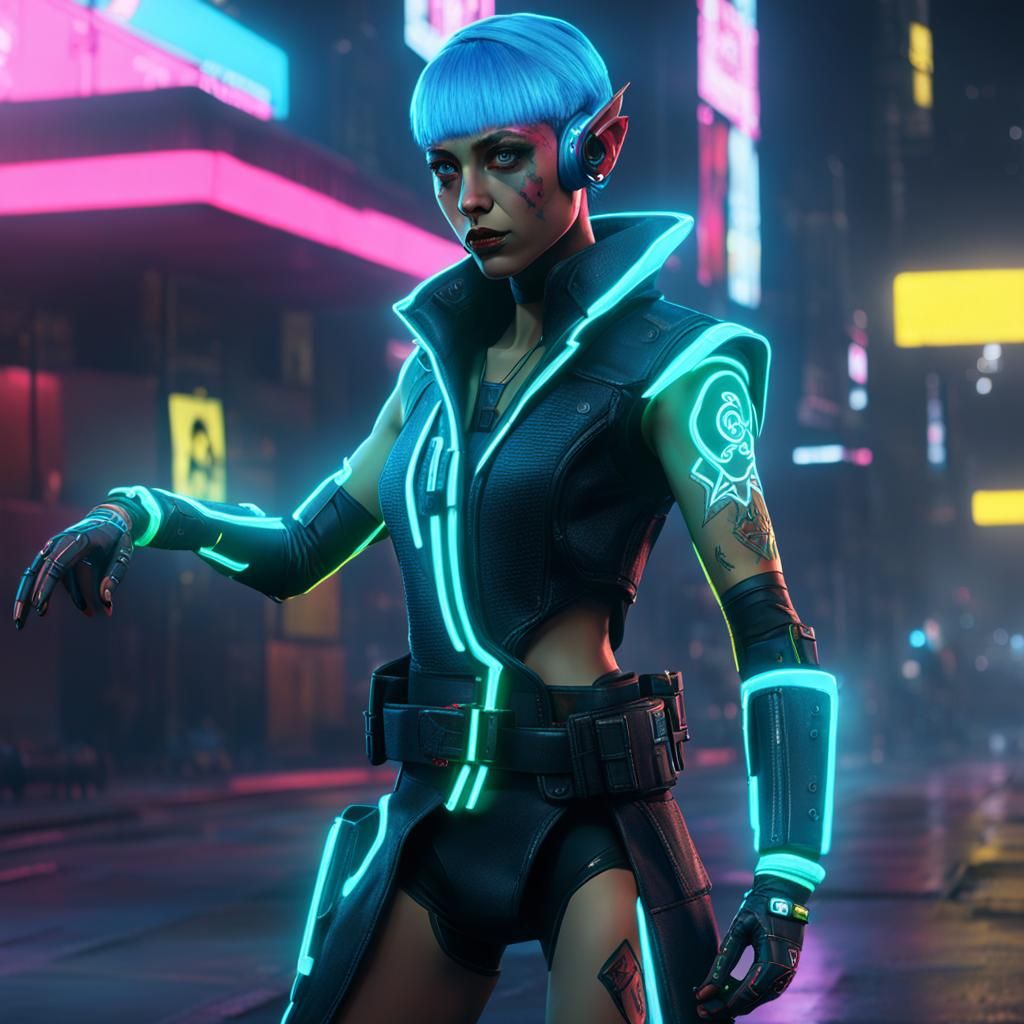 Cyberpunk Christmas Elf in Neon Cityscape