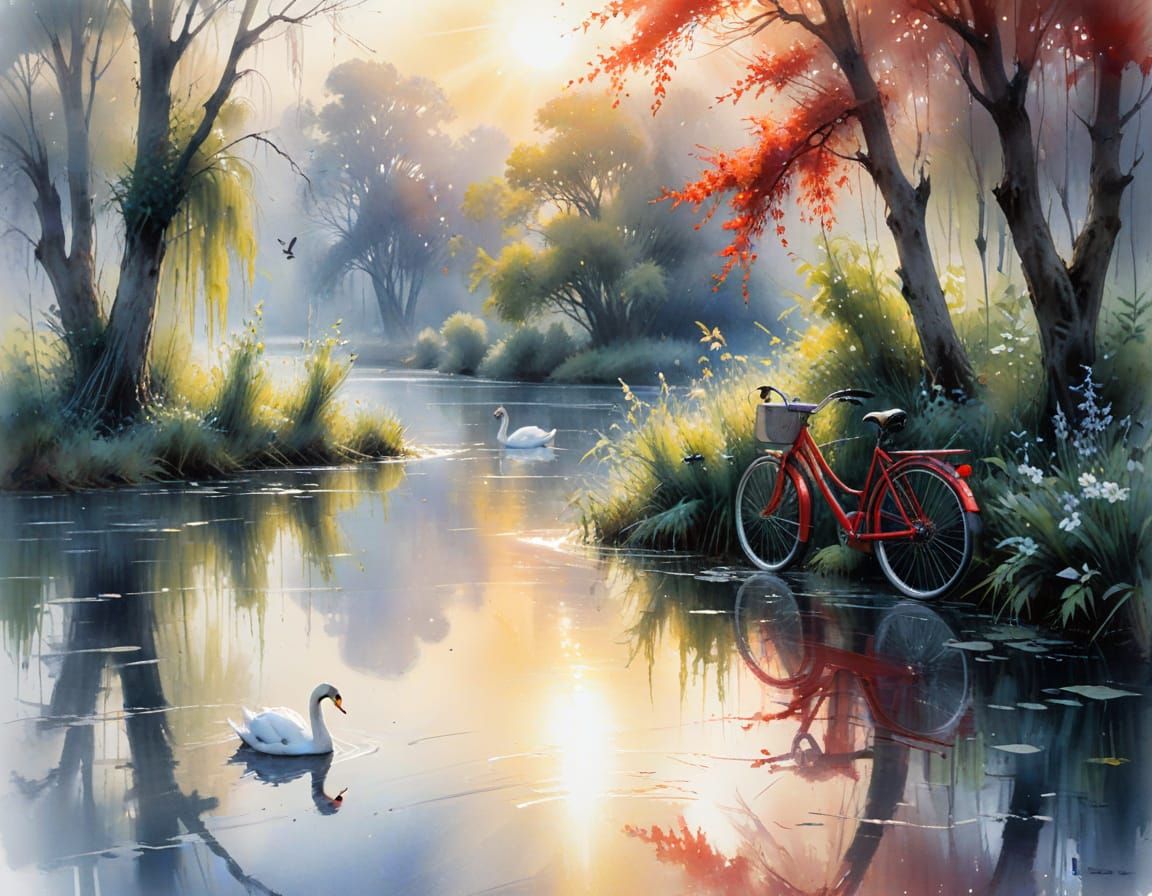 Misty River Swans with Red Bicycle, Watercolour Style