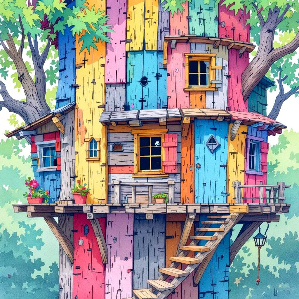 Whimsical Treehouse in Lush Canopy as Watercolor