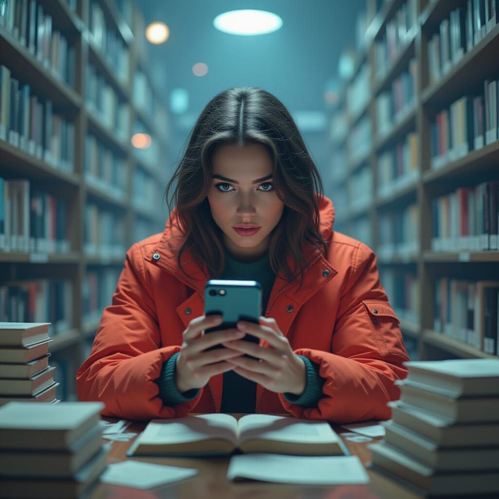 Person With Broken Phone in Retrofuturistic Style