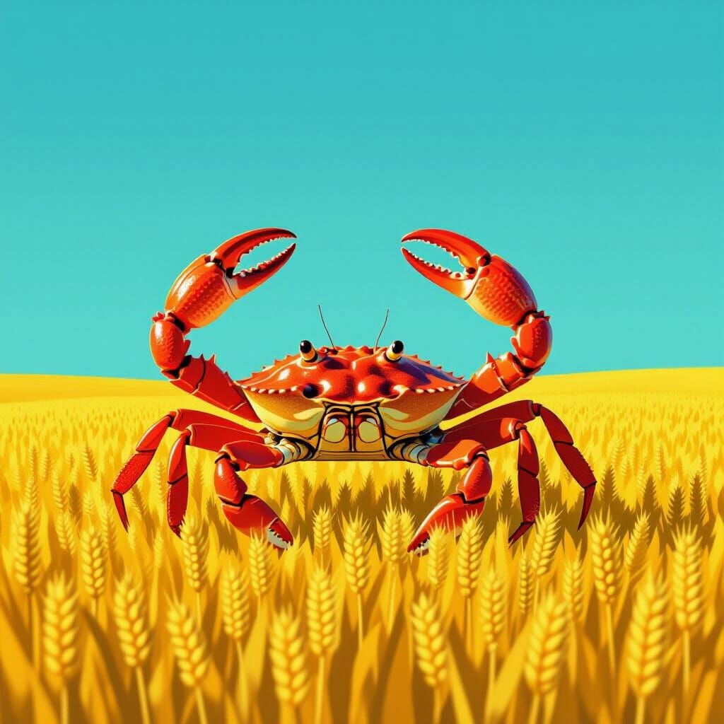 King Crab in Golden Wheat Field Surreal Art