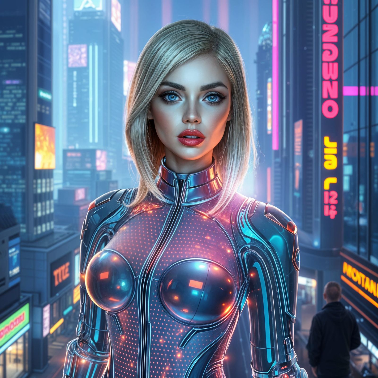 Futuristic Blonde Woman in Holographic State with Digital Co...