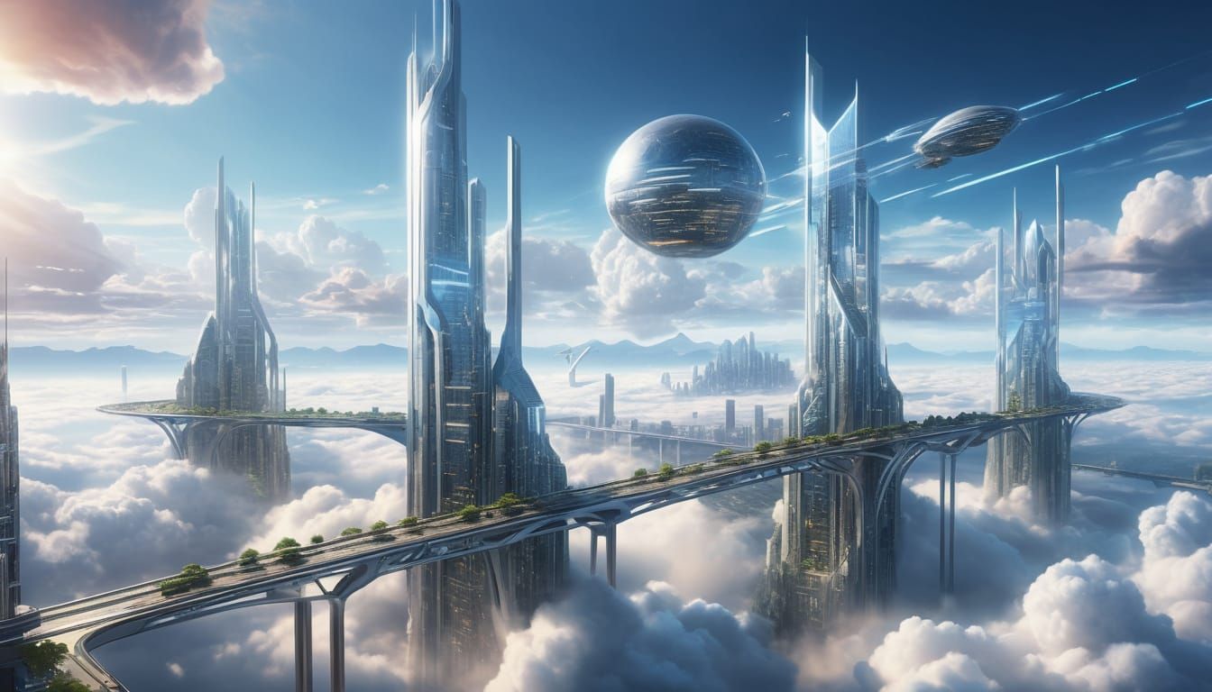 Futuristic Floating City Above Clouds in Realistic Style