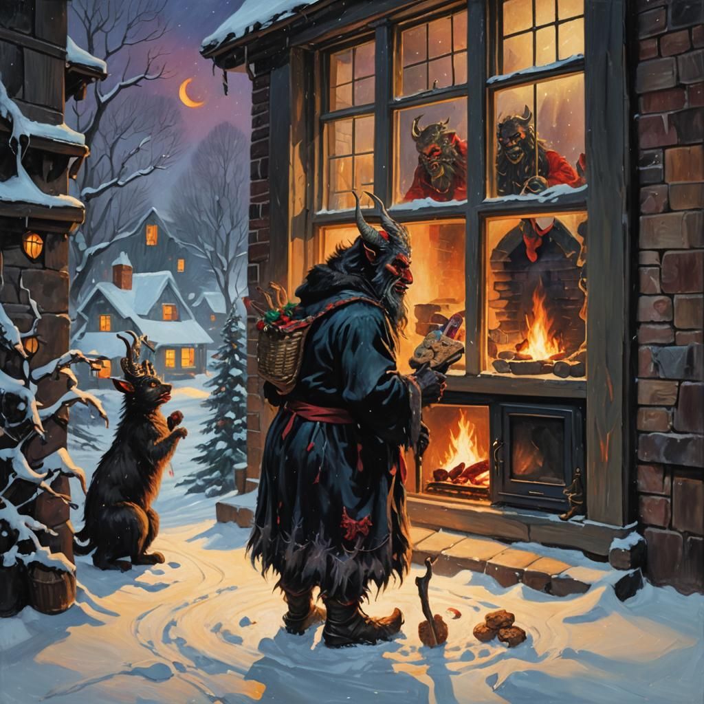Krampus in Snowy Winter Scene as Oil Painting