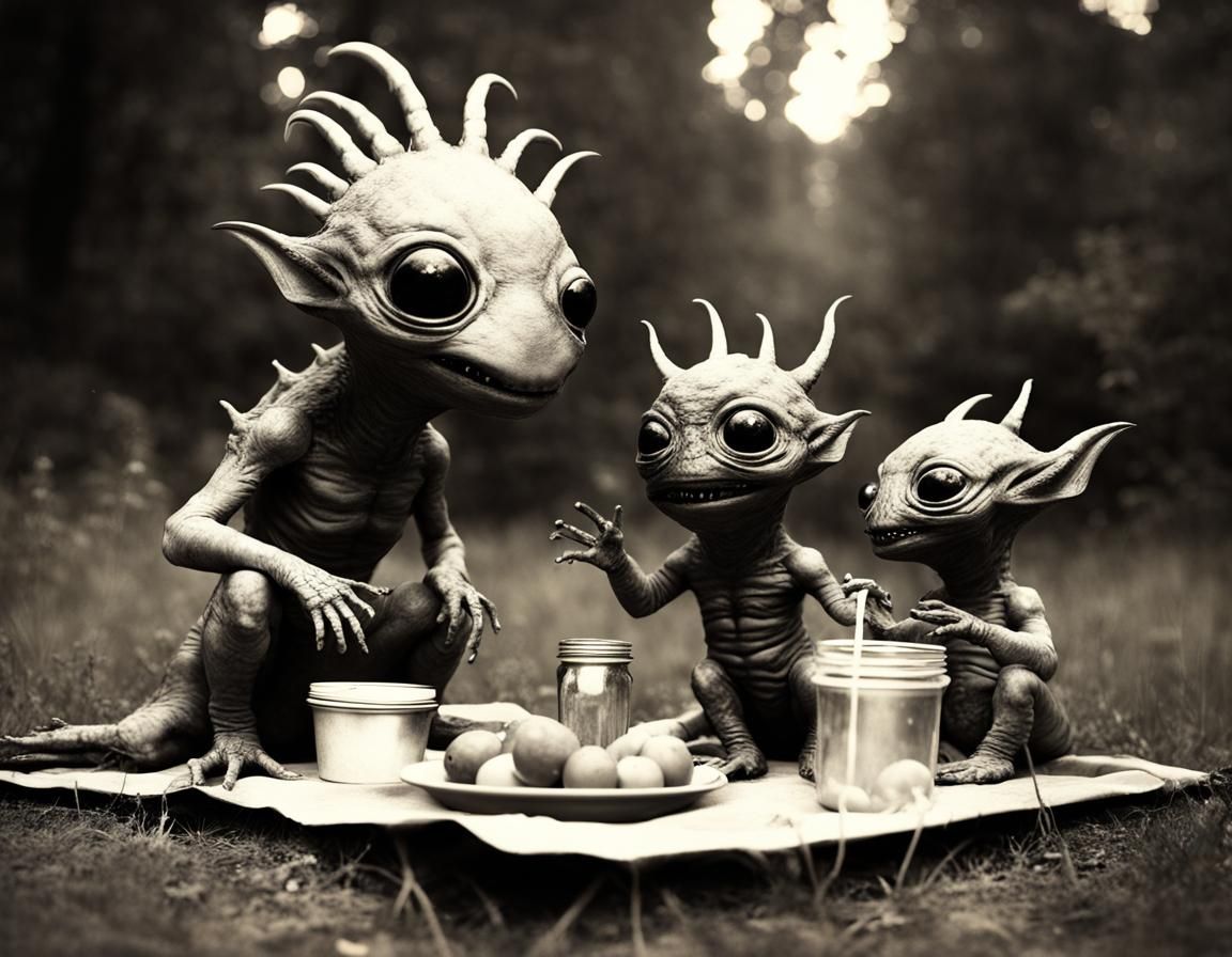 Alien Monster Family Picnic in Calotype Style