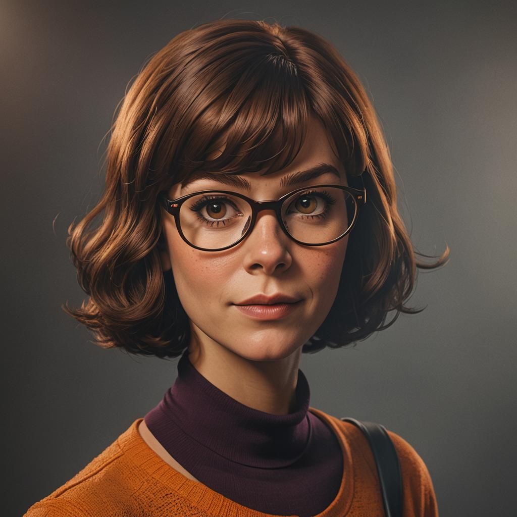 wonderful portrait of Scooby Doo's Velma, realistic velma, insanely detailed, realistic photography, professional photo,...