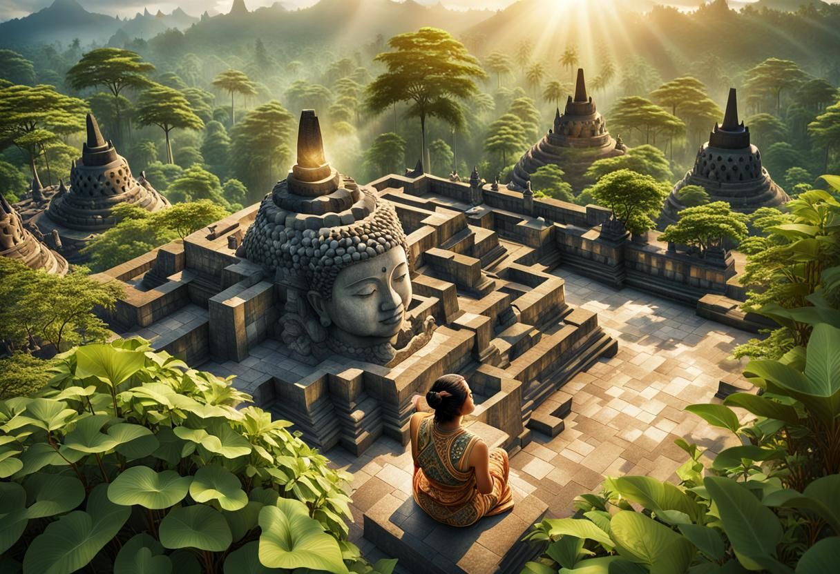 Woman Gazing Upward at Borobudur Temple