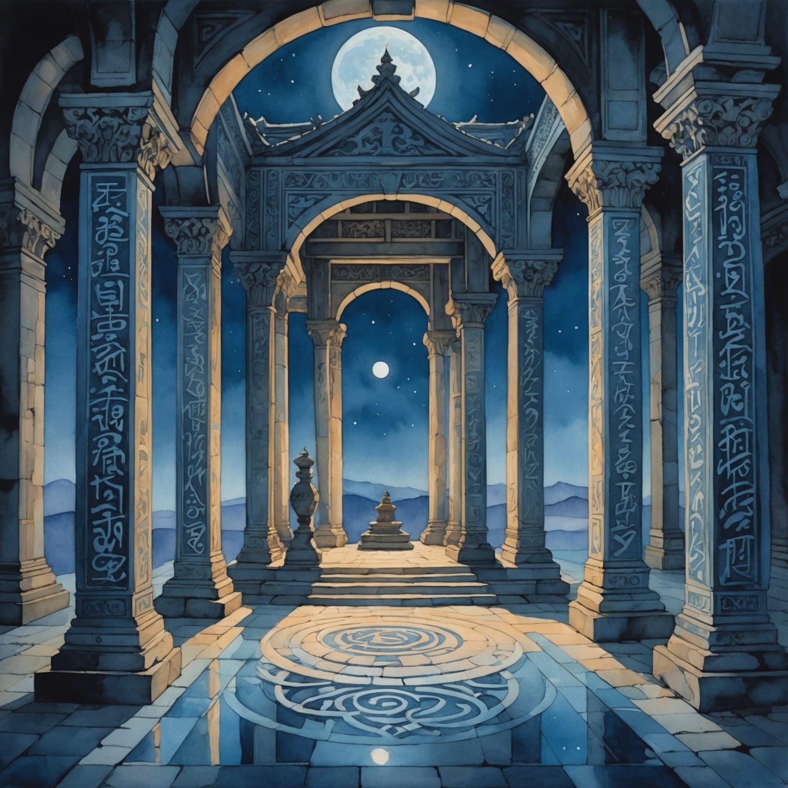 Moonlit Shrine with Calligraphy in Synthetism Style