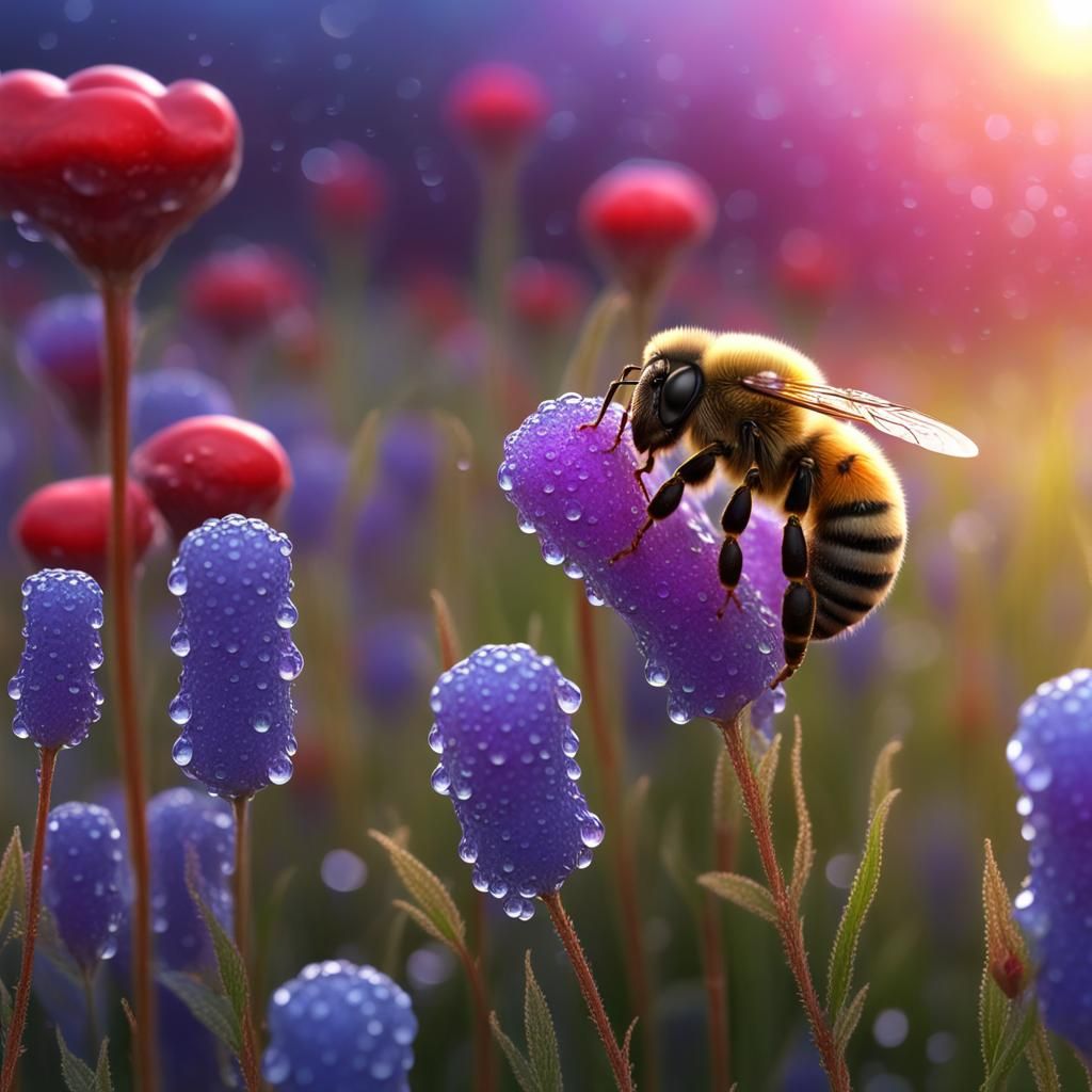 Honeybee Sunrise in Dew-Kissed Alpine Meadow