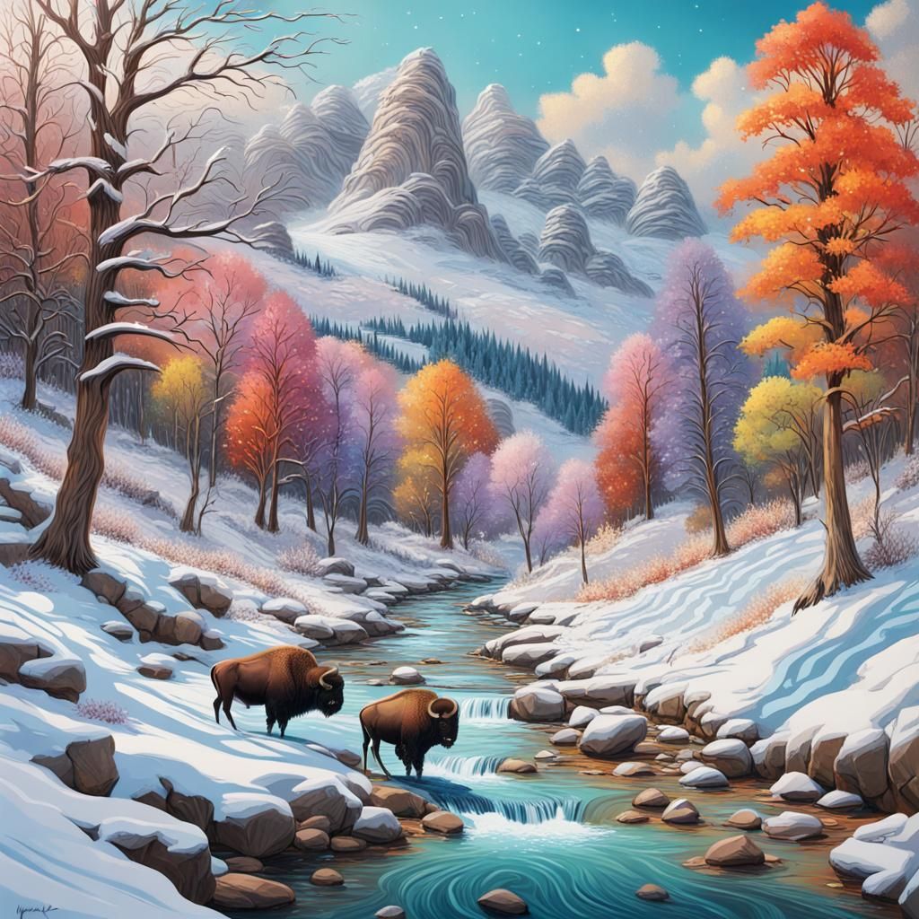 Winter Wonderland Mountain: Maximalist Hyperrealistic Art
